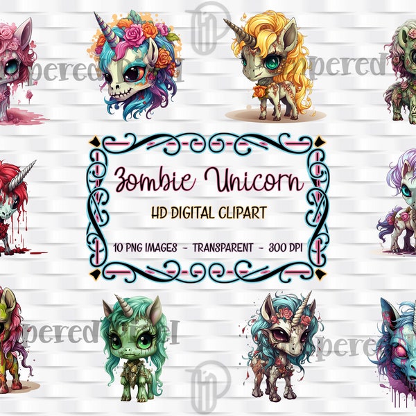 10 Zombie Unicorn clipart, Funny Halloween plush zombies unicorns horror images png, Scary fantasy animal art bundle