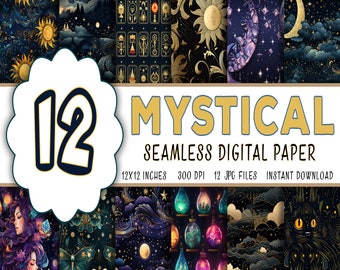 12 Celestial Mystic Digital Paper, Seamless Celestial Digital Paper, Celestial Backgrounds, Mystical Scrapbook Paper, Commercial Use