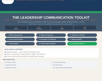 May include: The Leadership Communication Toolkit digital product guide features 9 sections, 40+ templates, and 15 scripts. It includes categories for staff, family, boards, crisis, recognition, meetings, email, planning, and conversation scripts.