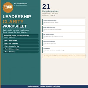 May include: A teal and orange digital worksheet titled "Leadership Clarity Worksheet." It includes a list of questions to help clarify challenges. The worksheet is designed for school administrators, HR professionals, and other leaders.