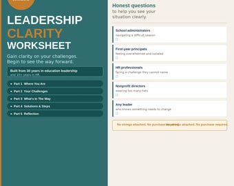 May include: A digital worksheet in teal and orange, titled "Leadership Clarity Worksheet." It offers 21 honest questions to help clarify challenges. Suitable for school administrators, HR professionals, and other leaders.