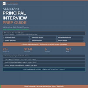 Może przedstawiać: Ciemnoniebieski cyfrowy przewodnik przygotowujący do rozm&oacute;w kwalifikacyjnych na stanowisko wicedyrektora, zatytułowany Assistant Principal Interview Prep Guide. Zawiera sekcje dotyczące list kontrolnych, narracji osobistych i pytań STAR.