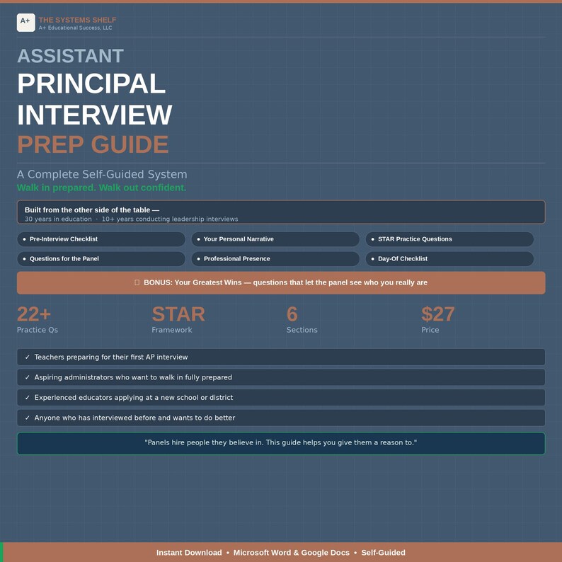 Może przedstawiać: Ciemnoniebieski cyfrowy przewodnik przygotowujący do rozm&oacute;w kwalifikacyjnych na stanowisko wicedyrektora, zatytułowany Assistant Principal Interview Prep Guide. Zawiera sekcje dotyczące list kontrolnych, narracji osobistych i pytań STAR.