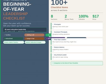 Może przedstawiać: Cyfrowa lista kontrolna zatytułowana "The Principal's Beginning-of-Year Leadership Checklist". Dokument zawiera ponad 100 pozycji na liście kontrolnej w 8 sekcjach, z narzędziami bonusowymi. Cena wynosi 17 $.