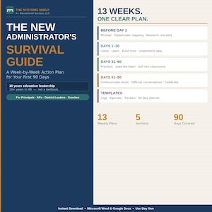 May include: A blue and white guide titled "The New Administrator's Survival Guide" with the text "13 Weeks. One Clear Plan." The guide is a week-by-week action plan for the first 90 days, with 13 weekly plans and 5 sections.