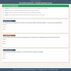 Może przedstawiać: Dokument zatytułowany The STAR Framework + Sample Question Format zawierający sekcje dotyczące zarządzania zachowaniem, największych osiągnięć i przyw&oacute;dztwa edukacyjnego. Każda sekcja zawiera pytanie oraz puste linie na Sytuację, Działanie i Wynik.