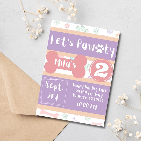 Let's Pawty Invitation for Dog Lover Birthday Idea Editable Digital Template