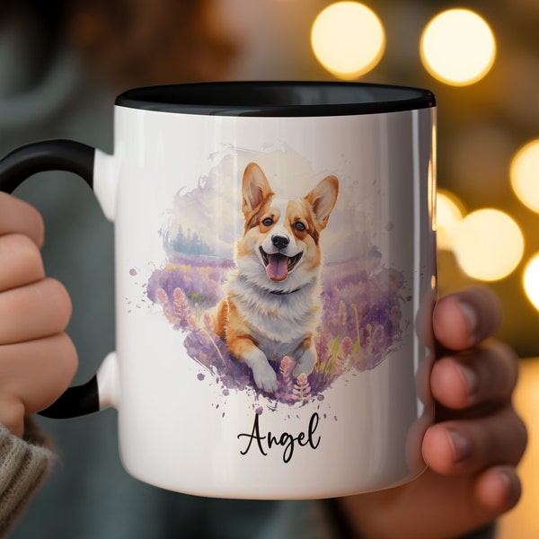 Watercolor Corgi Coffee Mug, Custom Pet Name Coffee Cup, Personalized Dog Lover Gift, Colorful Corgi Art Mug, Unique Coffee Mug