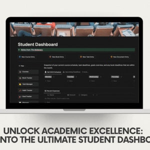 Puede incluir: Un ordenador portátil que muestra un sitio web de tema oscuro con el texto "Student Dashboard" y "The Notionary" en el encabezado. El sitio web presenta un calendario, una lista de tareas y una sección para realizar un seguimiento de los gastos. El texto "UNLOCK ACADEMIC EXCELLENCE: DIVE INTO THE ULTIMATE STUDENT DASHBOARD!" se muestra debajo del portátil.