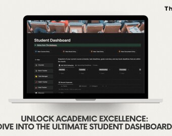 May include: A laptop computer displaying a dark-themed website with the text "Student Dashboard" and "The Notionary" in the header. The website features a calendar, a list of tasks, and a section for tracking expenses. The text "UNLOCK ACADEMIC EXCELLENCE: DIVE INTO THE ULTIMATE STUDENT DASHBOARD!" is displayed below the laptop.