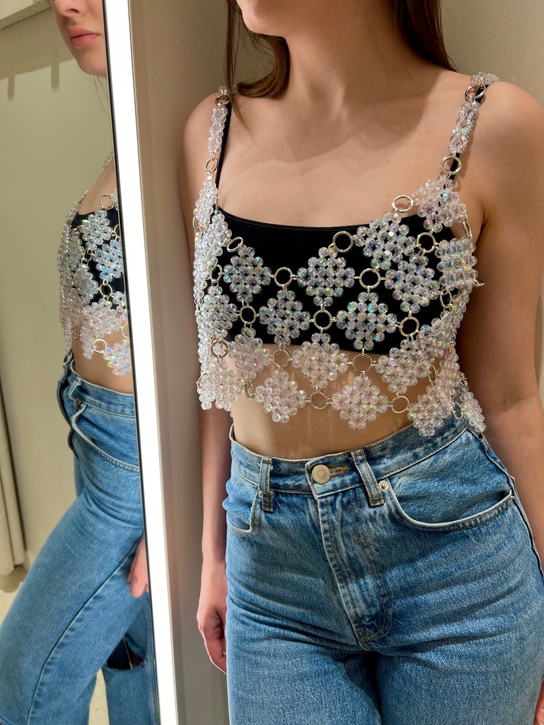 Sparkling Beaded Crop Top With Metal Rings Party Festival Accessories ...