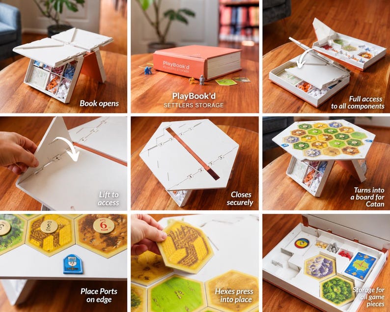 Pode incluir: Uma caixa de armazenamento PlayBook'd para jogos de tabuleiro que abre para revelar compartimentos. A caixa branca transforma-se num tabuleiro de jogo hexagonal para Catan, com ranhuras para pe&ccedil;as hexagonais, portos e armazenamento interno.
