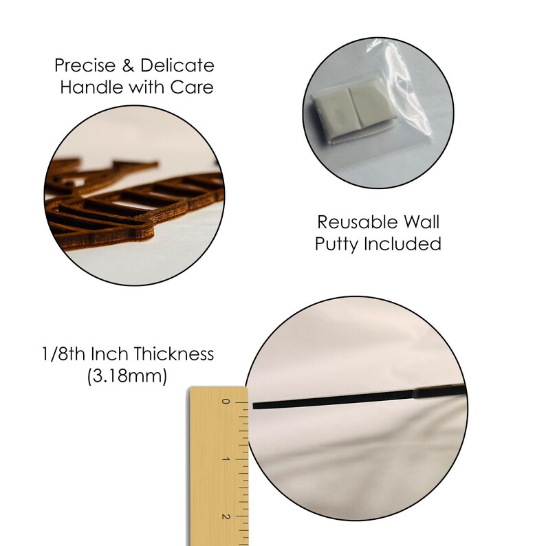 May include: A brown wooden cutout with a laser-cut edge, accompanied by a small plastic bag containing two squares of reusable wall putty. A wooden ruler shows the material has a thickness of 1/8th inch, which is equivalent to 3.18mm.