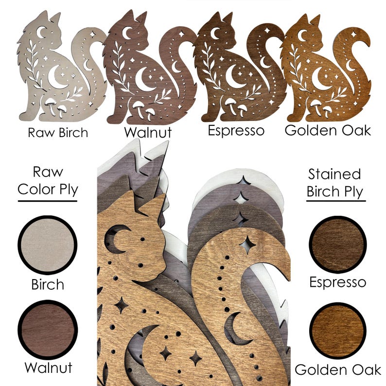 May include: A collection of laser-cut wooden cat silhouettes featuring celestial moon, star, and mushroom cutouts. The display includes four distinct wood finishes labeled Raw Birch, Walnut, Espresso, and Golden Oak, with circular color swatches.