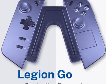 Może przedstawiać: Ciemnofioletowy łącznik kontrolera Legion Go. Kontroler posiada pad kierunkowy, przyciski i gałki analogowe. Tekst "Legion Go Controller Connector" jest wyświetlany na niebiesko.