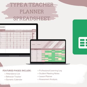 May include: A digital planner spreadsheet for teachers, with a green Google Sheets icon. The spreadsheet includes pages for attendance, behavior tracking, a dynamic calendar, professional learning logs, student meeting notes, lesson planning, and assessment analysis.