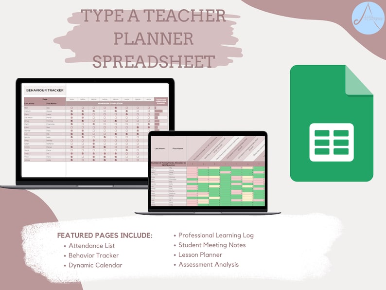 May include: A digital planner spreadsheet for teachers, with a green Google Sheets icon. The spreadsheet includes pages for attendance, behavior tracking, a dynamic calendar, professional learning logs, student meeting notes, lesson planning, and assessment analysis.