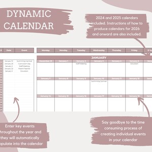 May include: A pink and white calendar template with the text "DYNAMIC CALENDAR" at the top. The calendar includes the months of December and January. The text "2024 and 2025 calendars included. Instructions of how to produce calendars for 2026 and onward are also included." is at the top right corner of the image.