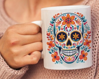 Day of the Dead White Skull Mug - 11oz Calavera Coffee Cup - Dia De Los Muertos Gift - Unique Skull Drinkware