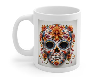 Day of the Dead Floral Mug - 11oz Calavera Coffee Cup - Dia De Los Muertos Gift - Unique Skull Drinkware