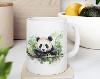 Cute Panda on a branch: Watercolor Painting Jungle Mug - 11 oz | Unique Design | Coffee & Tea Cup