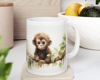 Cute Monkey on a branch: Watercolor Painting Jungle Mug - 11 oz | Unique Design | Coffee & Tea Cup