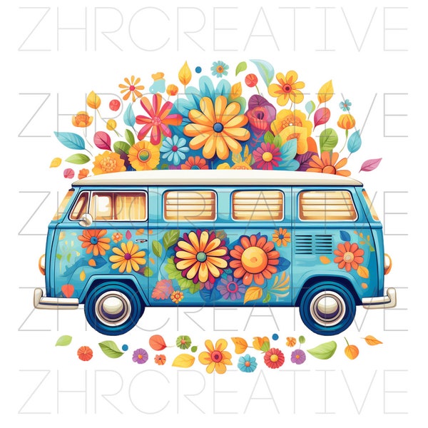Blue Hippie Van Digital Download Groovy Van Retro Van Floral Hippie Van