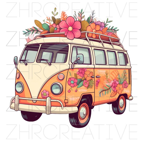 Floral Hippie Van Digital Download Groovy Van Retro Van Floral Hippie Van