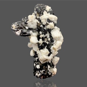 May include: A black schorl tourmaline specimen with white albite crystals. The tourmaline is a cluster of long, thin crystals, while the albite is in smaller, more rounded crystals.