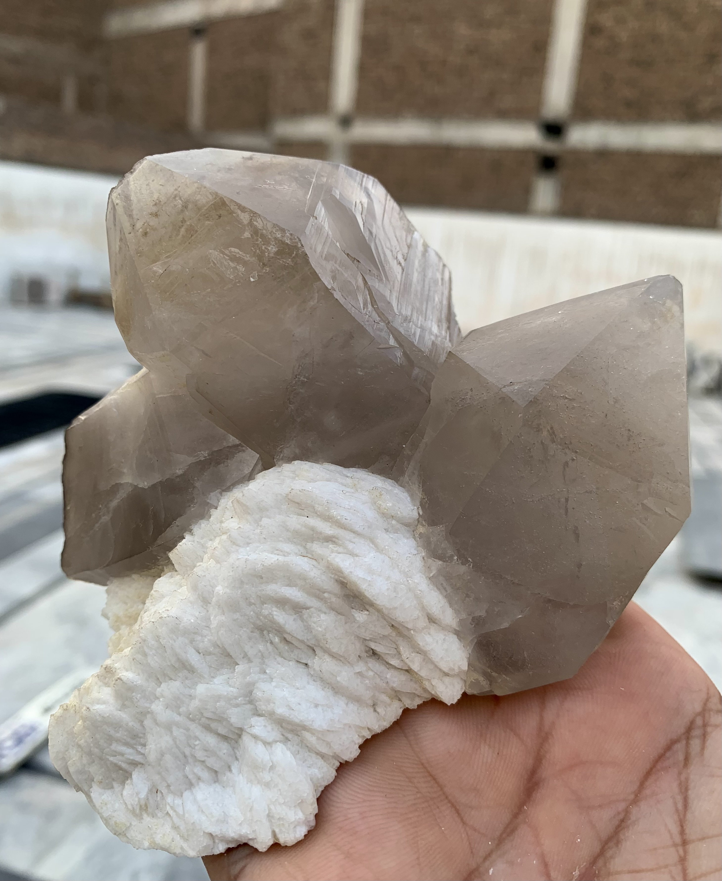 439グラムのユニークな形のスモーキークォーツ、美しい長石付き