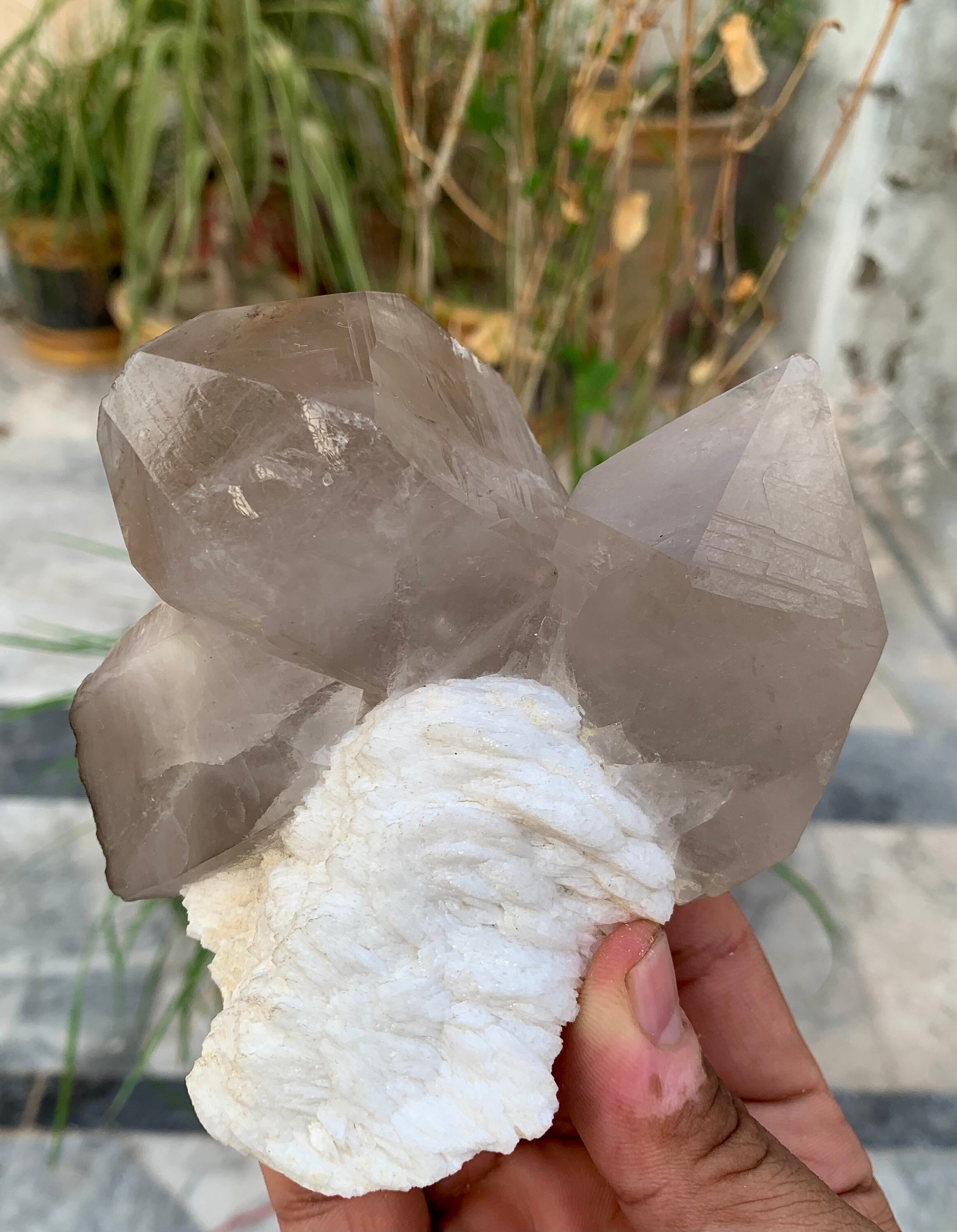 439グラムのユニークな形のスモーキークォーツ、美しい長石付き