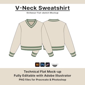 V-Neck Sweater Vector Mockup, Fully Editable with Illustrator, Photoshop & Procreate, Fashion Flats for Designers, Simple Tech Pack Template