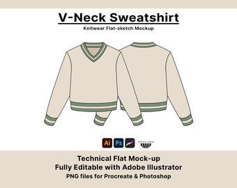 V-Neck Sweater Vector Mockup, Fully Editable with Illustrator, Photoshop & Procreate, Fashion Flats for Designers, Simple Tech Pack Template