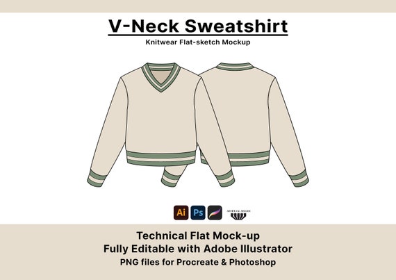 V neck Sweater Vector Mockup Fully Editable With Illustrator Photoshop Procreate Fashion Flats for Designers Simple Tech Pack Template Etsy