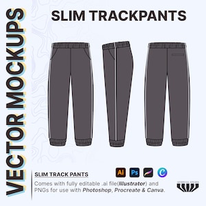 May include: A mockup of a pair of slim track pants with a white stripe down the side. The pants are grey and have a drawstring waistband. The image includes the text "SLIM TRACKPANTS" and "SLIM TRACK PANTS".