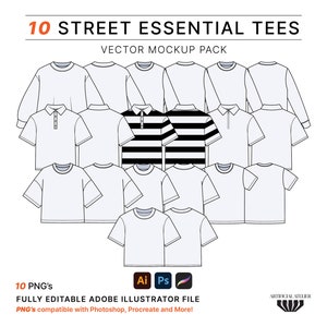 Streetwear T-Shirt Mockup Pack, Simple Tech Pack Templates of Clothing Design, Fully Editable with Adode Illustrator, Photoshop & Procreate