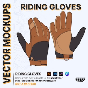 Peut inclure: Maquette vectorielle de gants d'équitation. Les gants sont marron avec des accents noirs et une paume beige. Le texte "RIDING GLOVES" est en haut. Le texte "VECTOR MOCKUPS" est sur le côté gauche. Le texte "NOT A PATTERN" est en bas.