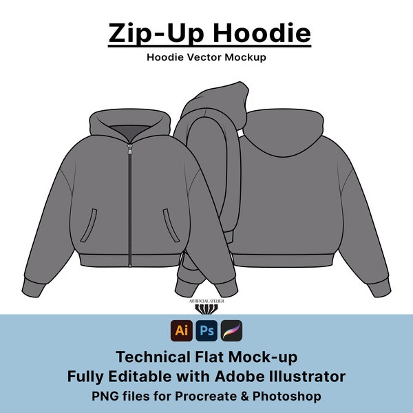 Zip-Up Hoodie Vector Mockup, Full-Zip Sweater Fashion Flats, Tech Pack Template, Streetwear Clothing Design