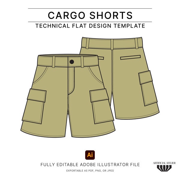Cargo Shorts Vector Mockup, Fashion Flats for Designers, Ready-to-use Technical Drawings, Tech Pack Template