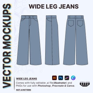 Wide-Leg Jeans Vector Mockup, Flared Denim Pants Technical Drawings, Ready-to-Use Customizable Tech Pack Template