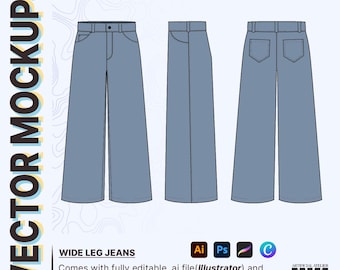 Wide-Leg Jeans Vector Mockup, Flared Denim Pants Technical Drawings, Ready-to-Use Customizable Tech Pack Template