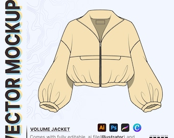 Puffy Jacket Tech Pack, Vector Fashion CAD Mockups (Illustrator, Canva)