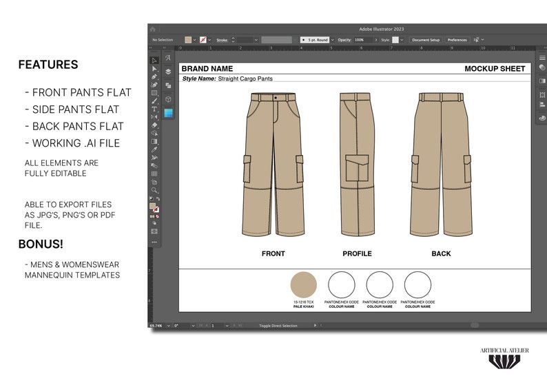 Cargo Pants Vector Mockup, Fashion Flats for Designers, Customizable ...