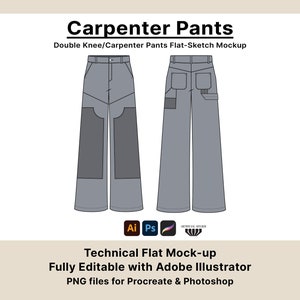 Carpenter Pants Vector Mockup, Work Pants Tech Pack Template, Fully Editable in Illustrator, PNGs for Photoshop and Procreate, Flatsketch