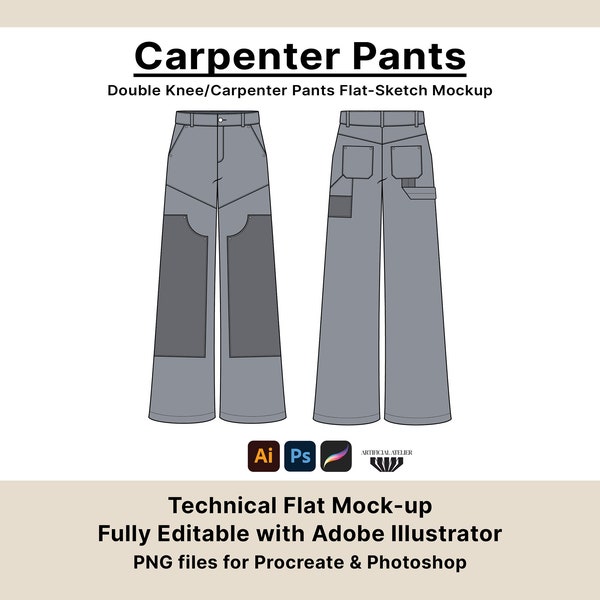 Carpenter Pants Vector Mockup, Work Pants Tech Pack Template, Fully Editable in Illustrator, PNGs for Photoshop and Procreate, Flatsketch