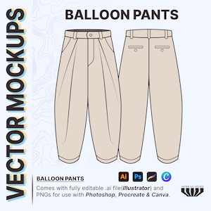 May include: A line drawing of a pair of balloon pants. The pants are beige and have a wide leg. The pants are shown from the front and back.