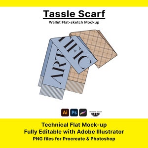 Op de afbeelding: Een flat-sketch mockup van een sjaal met kwastjes. De sjaal is lichtblauw met het woord "ARTIFIC" in zwarte letters. Een tweede sjaal is bruin met een ruitpatroon. De afbeelding bevat ook de tekst: "Technical Flat Mock-up Fully Editable with Adobe Illustrator".