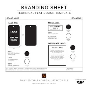 Branding Sheet Tech Pack Template, Hang Tag Mockup, Neck Label Technical Drawing