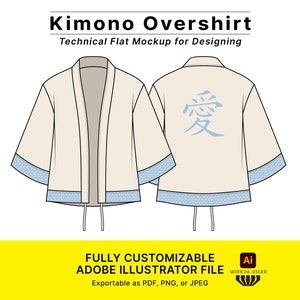 Puede incluir: Una maqueta plana técnica de una camisa kimono de color crema con ribetes azules. La parte posterior de la camisa presenta el carácter japonés para "amor" en azul.