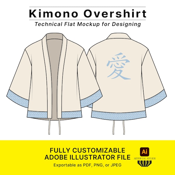 Kimono Over-shirt Vector Mockup, Japanese Haori Technical Drawing, Fashion Flats for Design, Ready-to-Use Customizable Illustrator Template